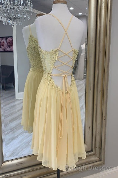 V Neck Yellow beaded Lace Applique Homecoming Dress