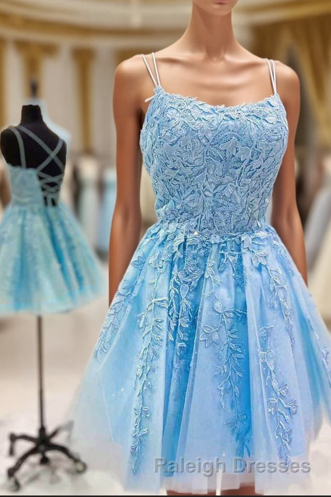 Straps Lace Applique Blue Homecoming Dress Main image