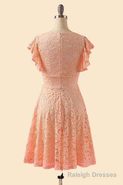 A Line V Neck Lace Peach Pink Bridesmaid Dress