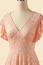 A Line V Neck Lace Peach Pink Bridesmaid Dress