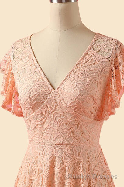 A Line V Neck Lace Peach Pink Bridesmaid Dress