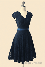 A Line Cap Sleeve Navy Blue Bridesmaid Dresses with Belt