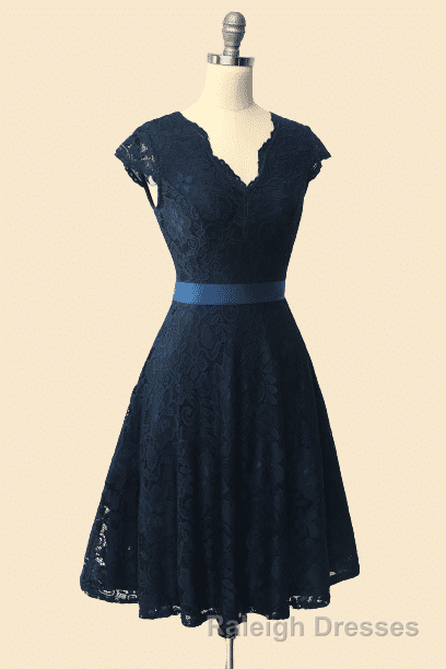A Line Cap Sleeve Navy Blue Bridesmaid Dresses with Belt