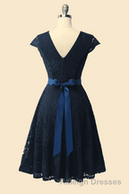 A Line Cap Sleeve Navy Blue Bridesmaid Dresses with Belt