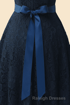 A Line Cap Sleeve Navy Blue Bridesmaid Dresses with Belt