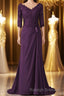 V-Neck Half Sleeve Plum Mother of Bridal Dress