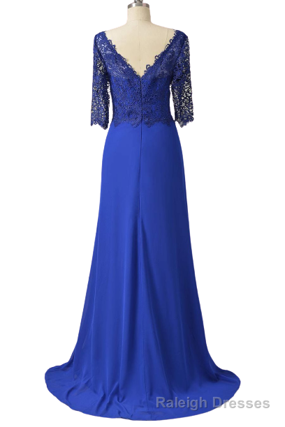 Long Pleated Lace Royal Blue Mother of Bridal Dress with Train Main image