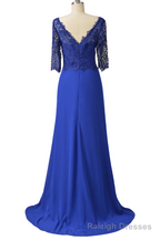 Long Pleated Lace Royal Blue Mother of Bridal Dress with Train