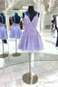 V Neck Lace Appliques Lavender Short Homecoming Dress