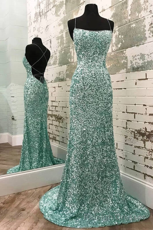 Mint Green Sequined Mermaid Long Prom Dress Main image