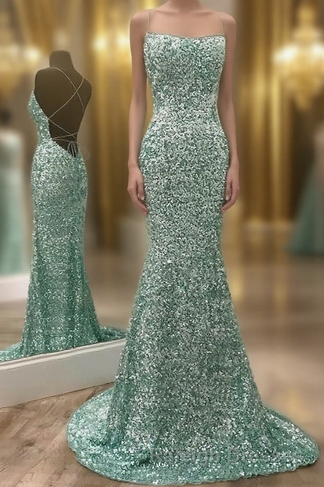 Mint Green Sparkly Chic Long Formal Evening Dresses Mermaid Prom Dresses Main image