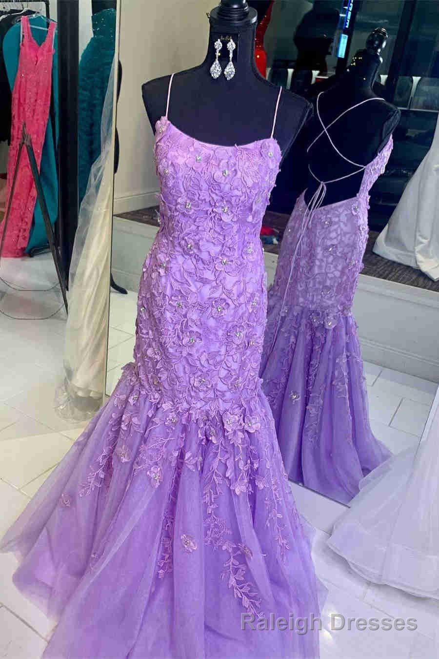 Straps Lavender Lace Appliques Mermaid Prom Dress Main image