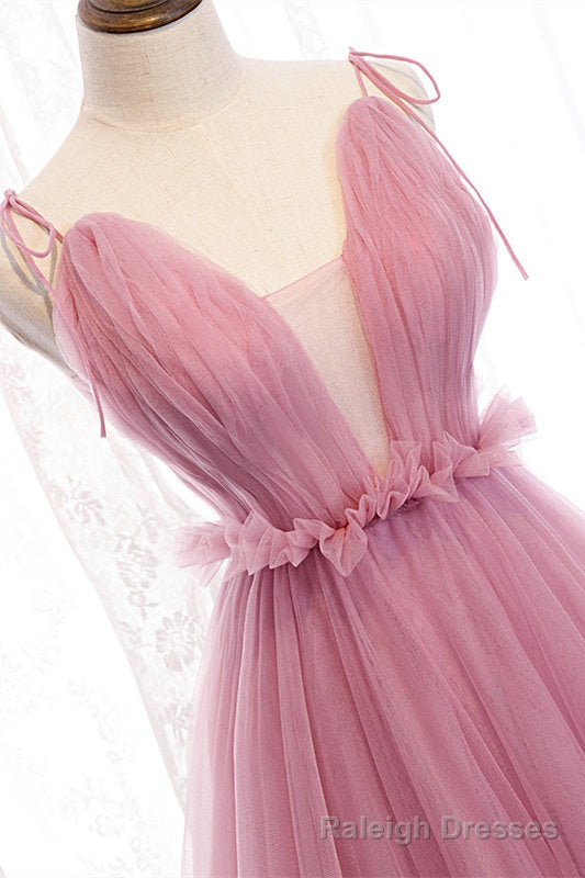 Deep V Neck Pink Tulle Formal Dress