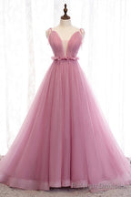 Deep V Neck Pink Tulle Formal Dress