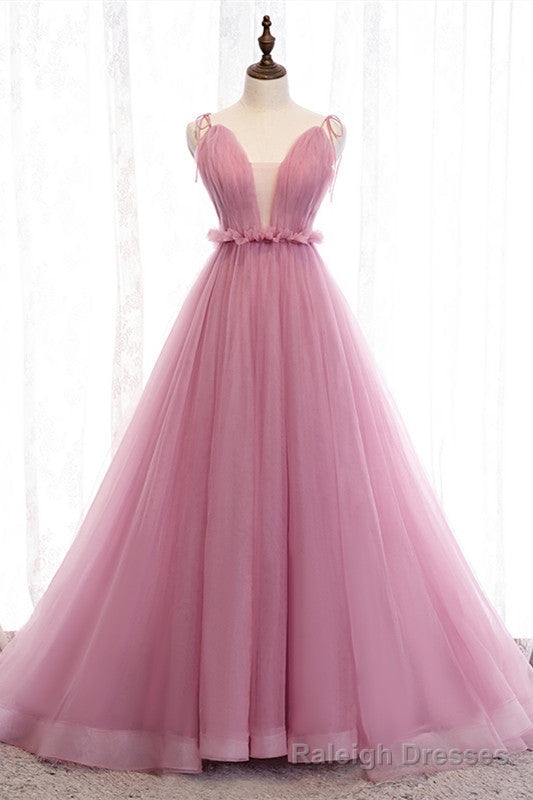 Deep V Neck Pink Tulle Formal Dress