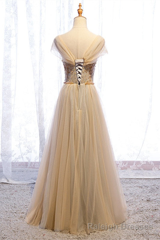 A Line Cap Sleeves Champagne Formal Dress