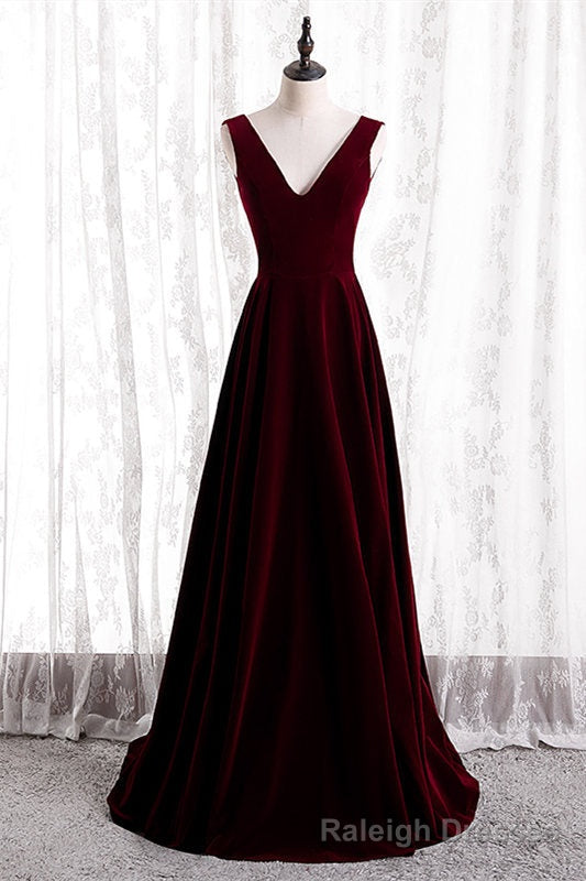 Burgundy V-Neck Velvet Formal Dress Secondary image