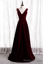 Burgundy V-Neck Velvet Formal Dress