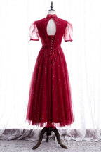 Elegant Puff Sleeeves Red Tulle Prom Dress