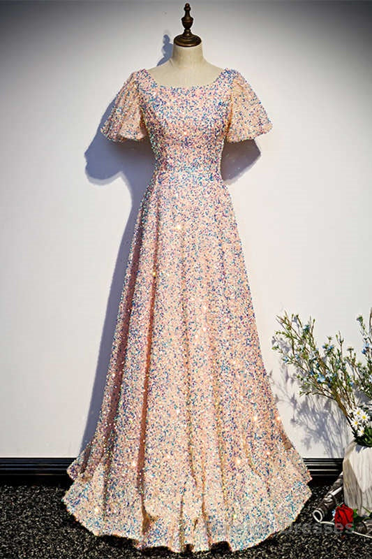 A-Line Sequined Pink Long Prom Dress