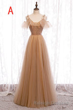 A Line Beaded Champagne Tulle Bridesmaid Dresses
