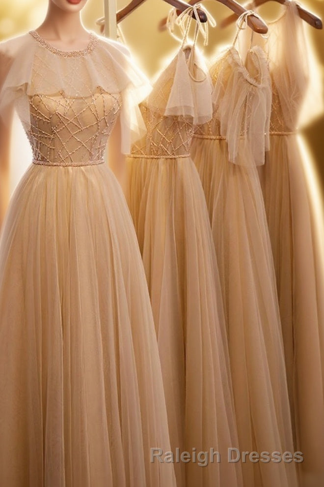 A-Line Beaded Champagne Tulle Bridesmaid Dress Main image