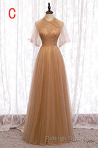 A Line Beaded Champagne Tulle Bridesmaid Dresses