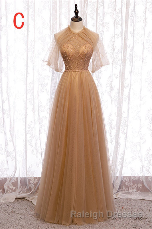 A Line Beaded Champagne Tulle Bridesmaid Dresses