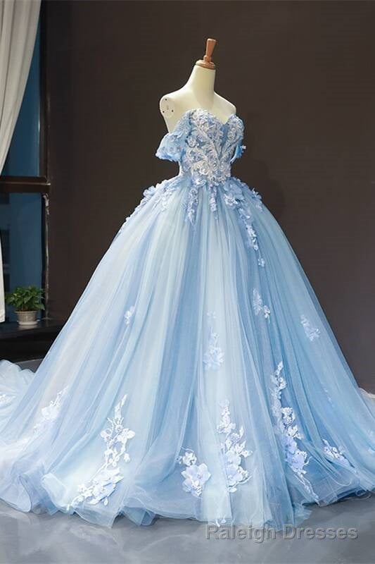 Off the Shoulder Blue Tulle and White Lace Appliques Ball Gowns Secondary image
