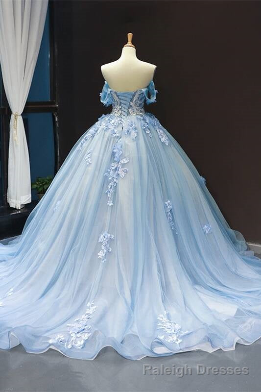 Off the Shoulder Blue Tulle and White Lace Appliques Ball Gowns