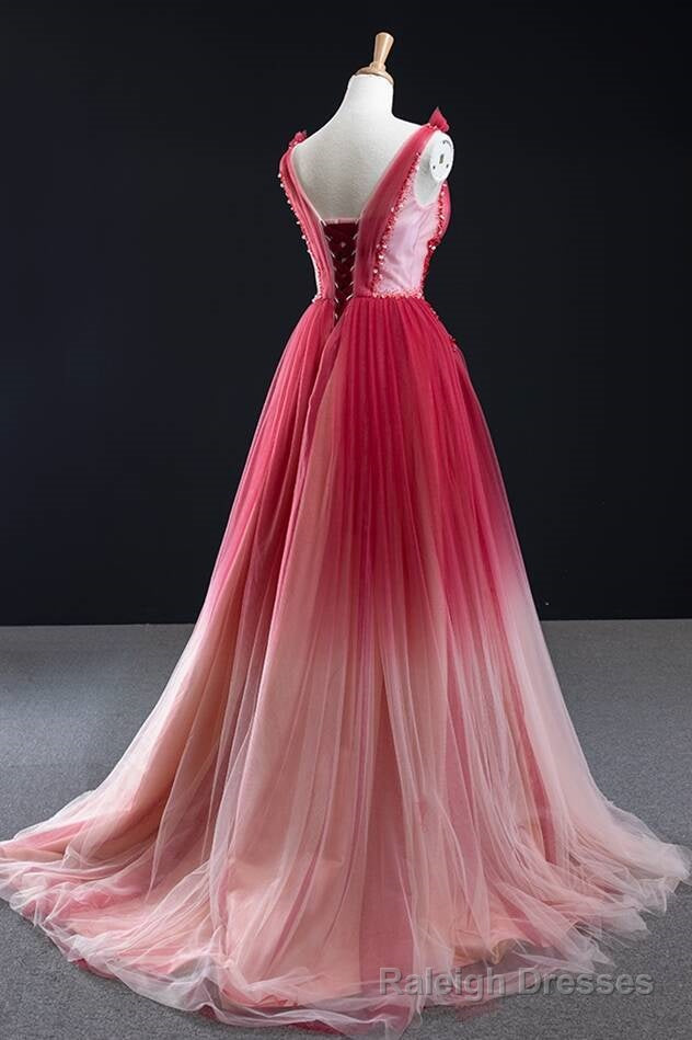 Ombre Red A-line Tulle Long Formal Dress