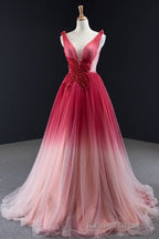 Ombre Red A Line Tulle Long Formal Dress