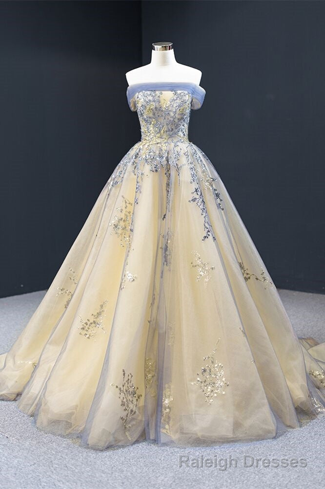 Off the Shoulder Yellow and Blue Formal Gowns