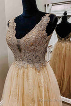 A Line Champagne Tulle Formal Dress with Appliques
