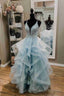 Straps Light Sky Blue Prom Dress with Ruffles