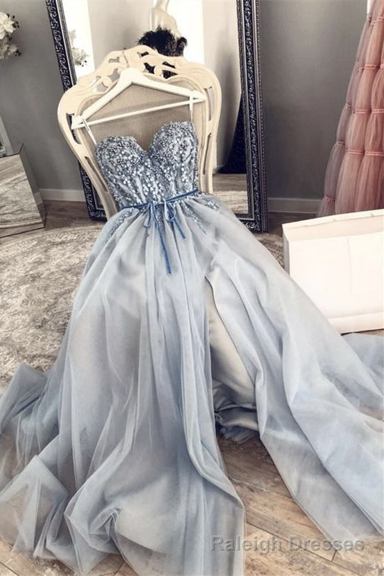 A Line Grey Beaded Top Prom Dress with Slit Main image