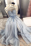 A Line Grey Beaded Top Prom Dress with Slit