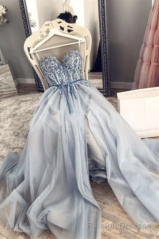 A-Line Grey Beaded Top Prom Dress with Slit Main image