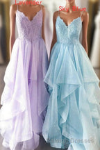 Elegant Light Blue Ruffled Tulle Prom Dresses