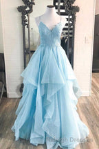 Elegant Light Blue Ruffled Tulle Prom Dresses