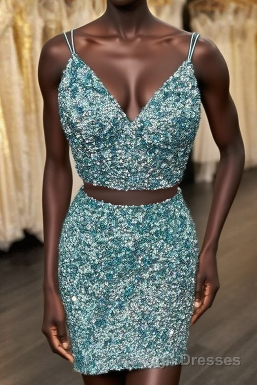 Two Piece Blue Sequins Tight Homecoming Dress Main image