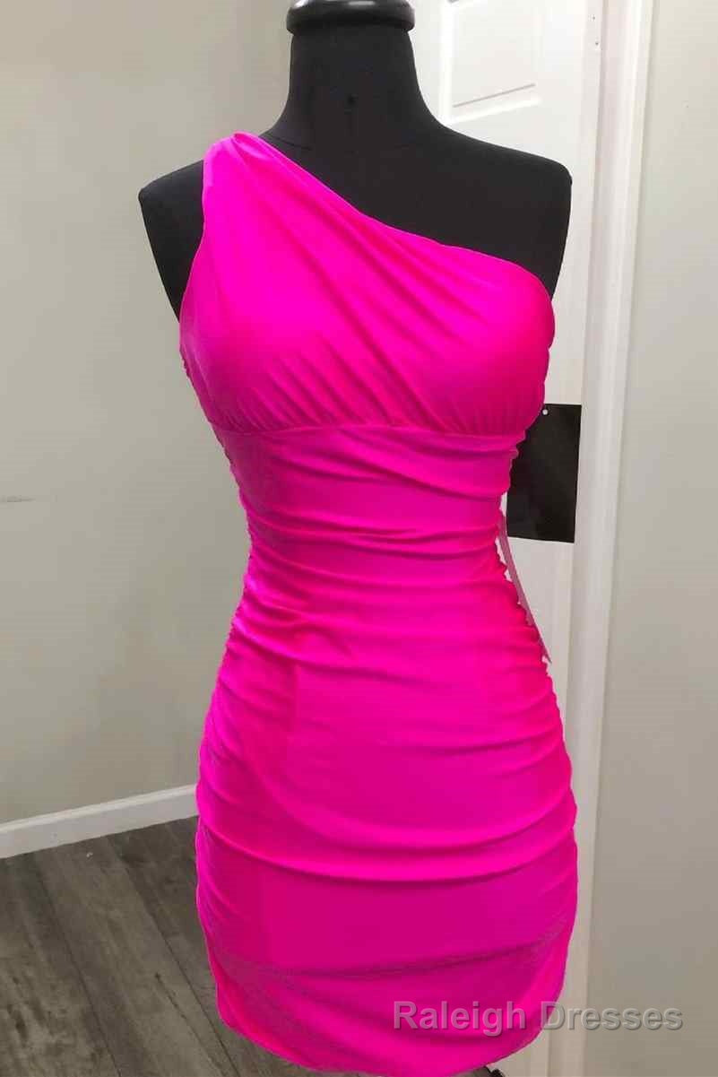 Tight One Shoulder Hot Pink Short Homecoming Dress Main image