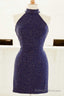 Tight Purple Short Party Dress with Gold Sequins