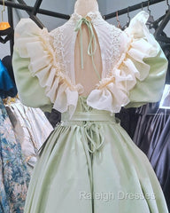 80S Style Puffy Sleeve Lace High Neck Midi Dress