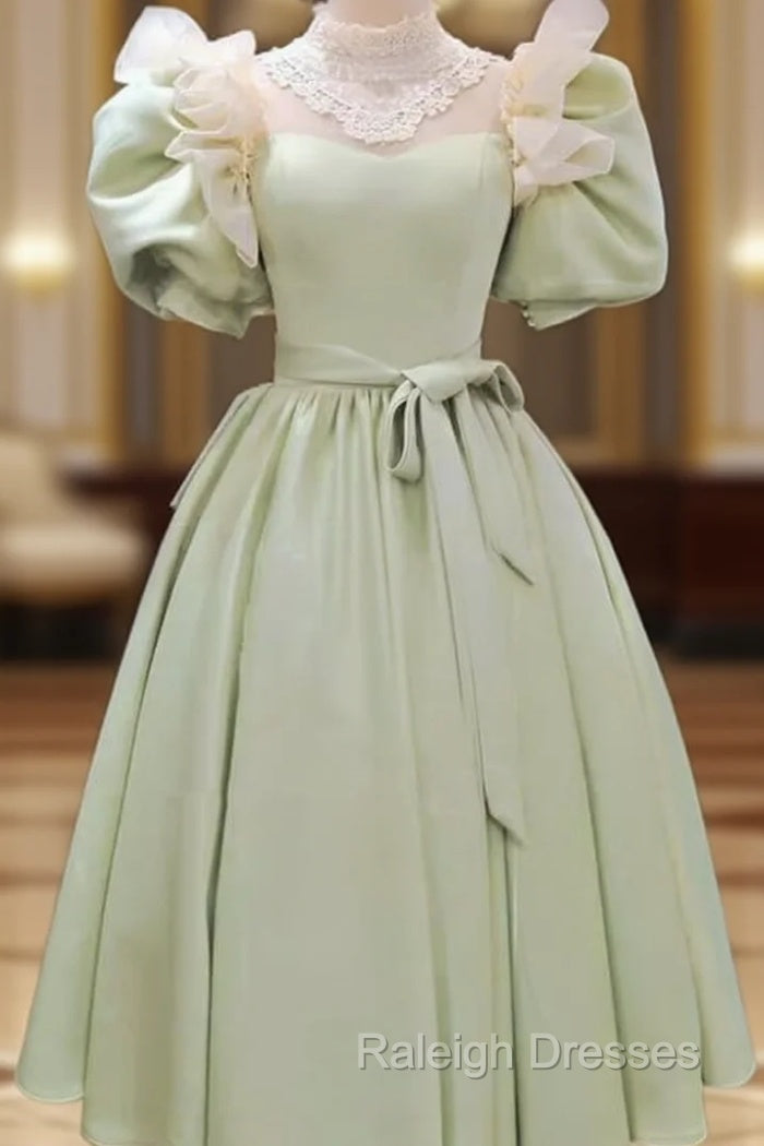 80S Style Puffy Sleeve Lace High Neck Midi Dress Main image