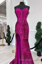 Fuchsia Sequin Strapless Mermaid Long Prom Dress with Slit