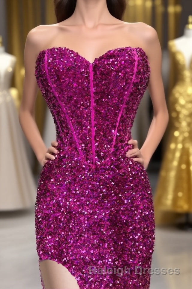 Fuchsia Sequin Strapless Mermaid Long Prom Dress with Slit