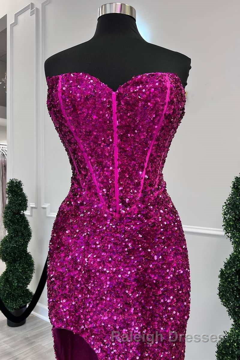 Fuchsia Sequin Strapless Mermaid Long Prom Dress with Slit