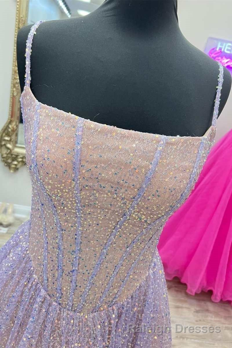 Princess Pink Sequins Straps A Line Prom Gowns