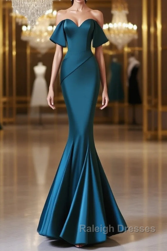 Simple Off Shoulder Satin Ink Blue Long Prom Dress, Ink Blue Long Formal Dress Main image